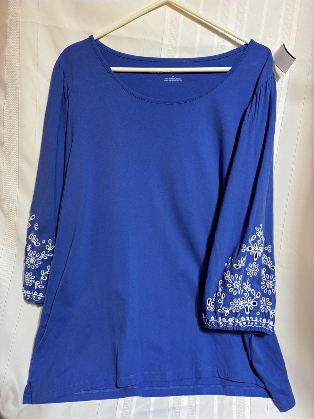 Talbots Royal Blue Boat Neck Long Sleeve Top with White Embroidered Sleeves